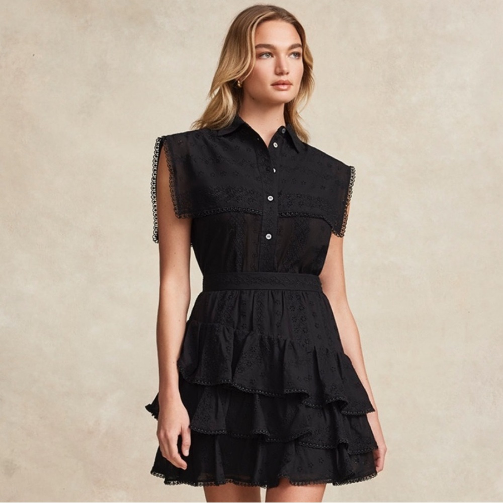 NWOT [Pearl by Lela Rose] Black Eyelet Tiered Ruffle Mini Lined Skirt Women’s 8